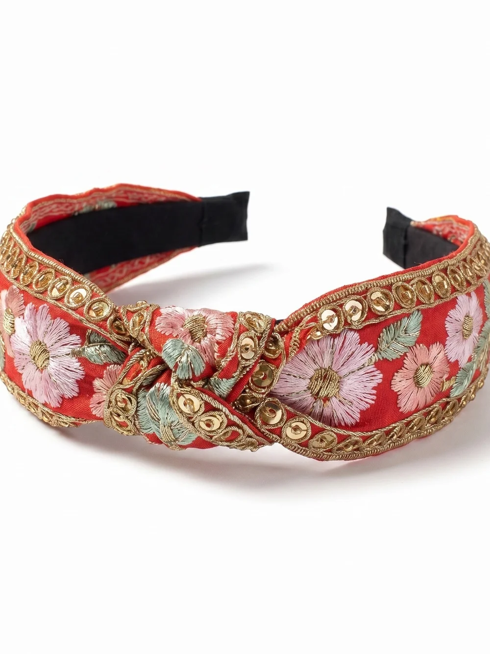 Embroidered Red Floral Boho Headband with Gold Trim